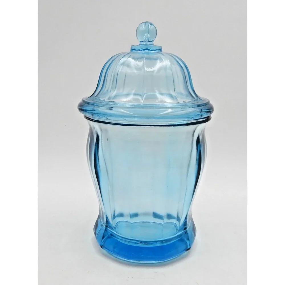 Indiana Glass Azure Blue Paneled Candy Cookie Jar Apothecary Canister w/Lid 9 In